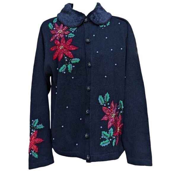 Vintage Ugly Sweater Black Red Christmas Flowers Cardigan Button Down Size M 90s - Picture 1 of 9